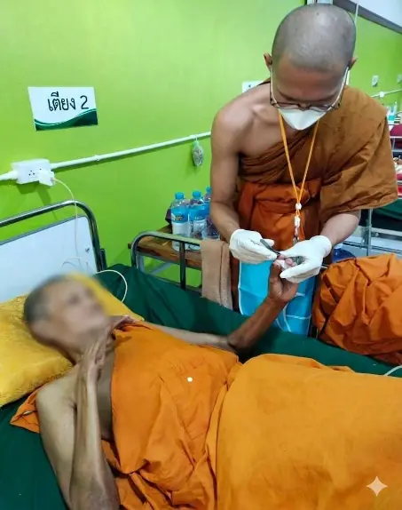 พระสงฆ์ทำแผลให้พระอาพาธบนเตียงผู้ป่วย