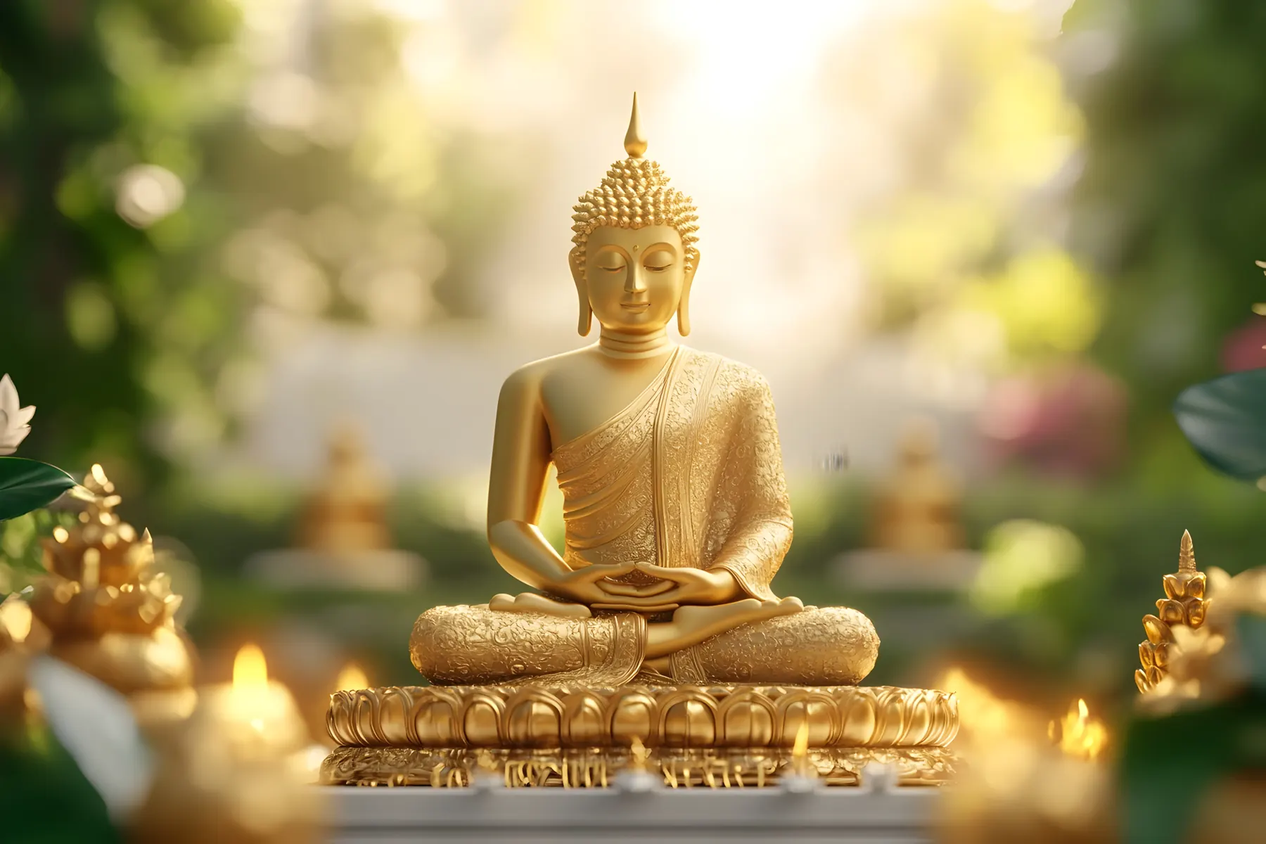 พระพุทธรูปทองคำท่ามกลางแสงสว่าง